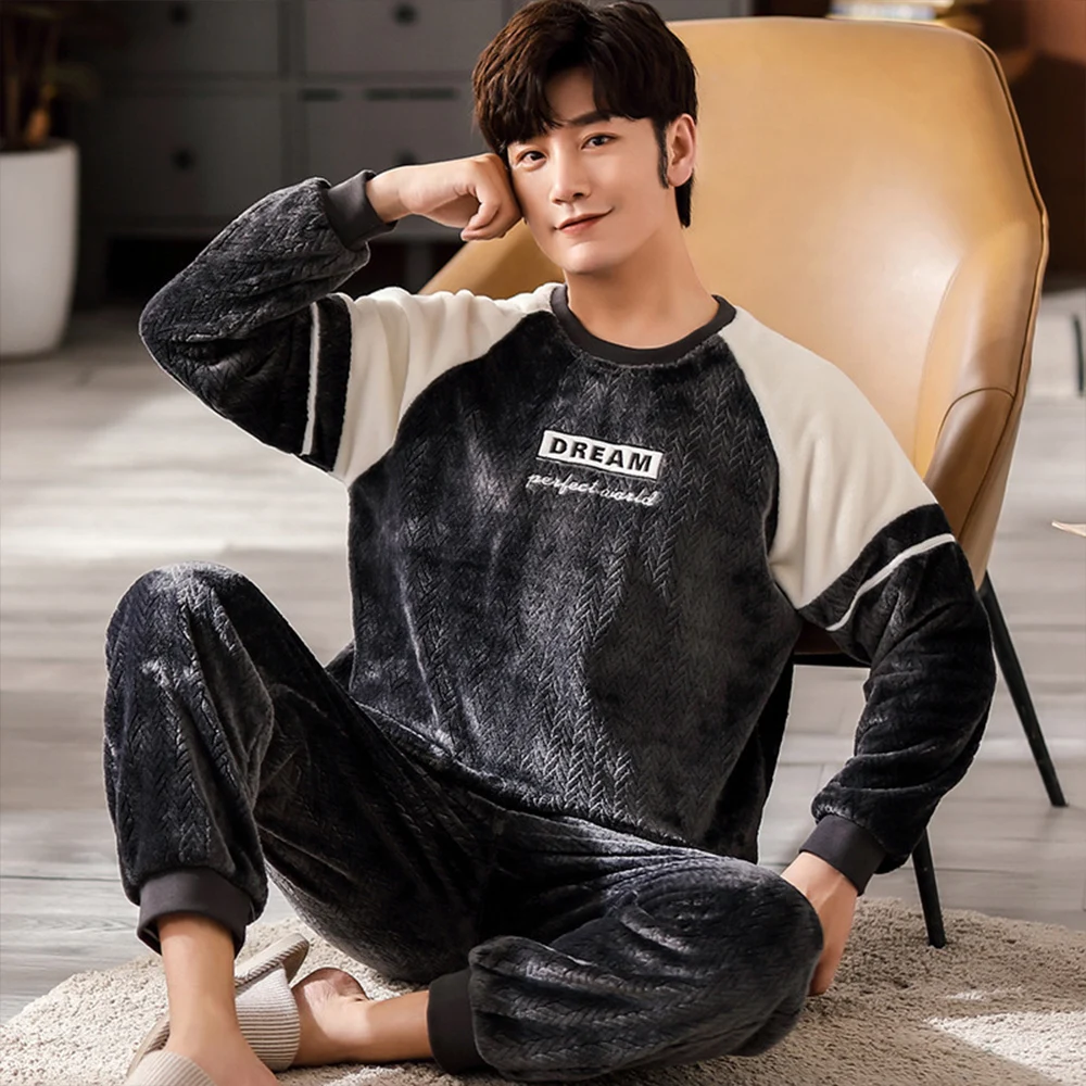 Soft Coral Fleece Pajama Sets For Men Warm Velvet Thick Sleepwear Suit Cozy Long Sleeve Pyjamas+Elastic Waist Pants With Pockets