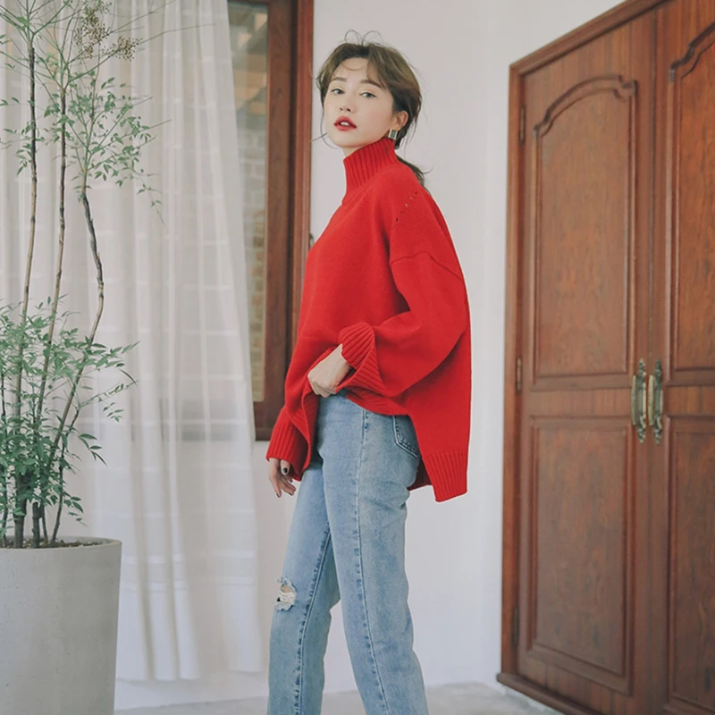 Осенне-зимний пуловер с высоким воротником свободные свитера оверсайз для