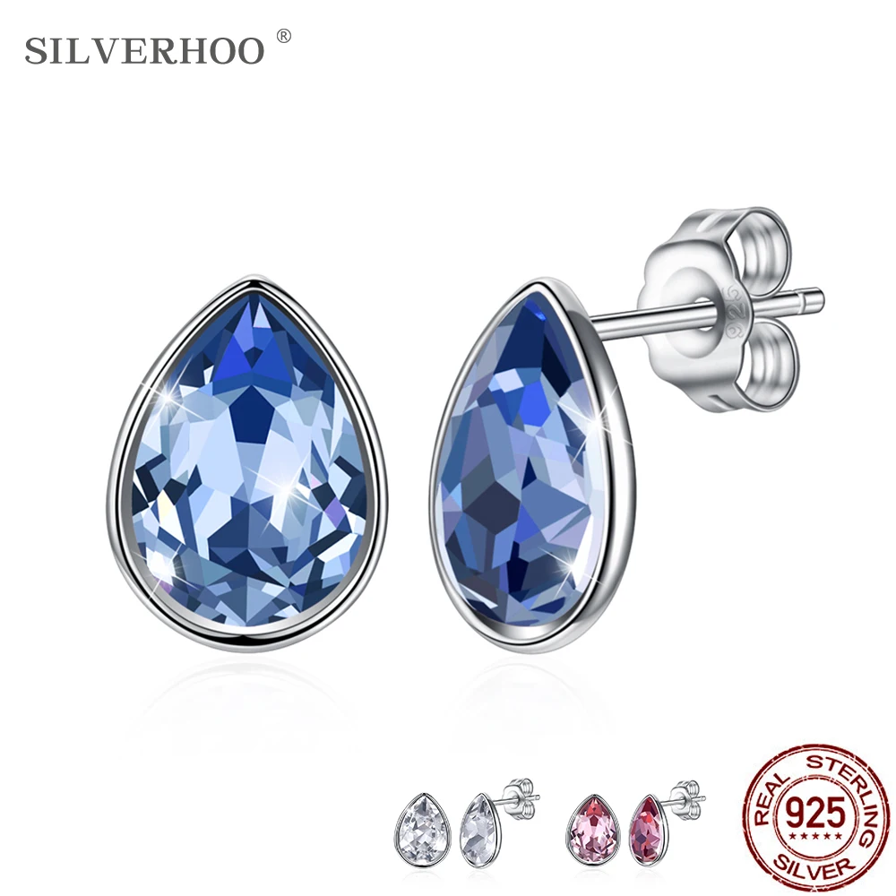 

SILVERHOO S925 Sterling Silver Waterdrop Stud Earrings Austria Multicolor Crytal Hotsale Women Earrings Romantic Jewelry Gift