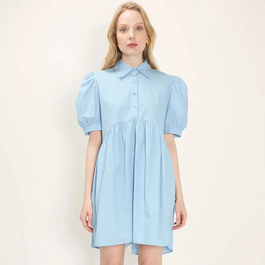 

Shirt Collar Short Skirt Europe And America 2021 Summer Fashion Lapel Bubble Sleeve Solid Color Temperament Loose Dress
