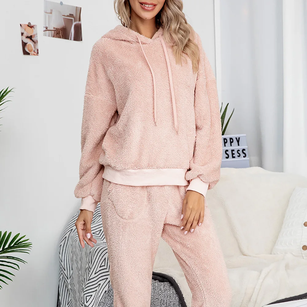 

2021 Autumn Winter New Solid Color Double-sided Fleece Hooded Sweater Women's Home Clothes Wear Casual Fashion Suit Female Set
