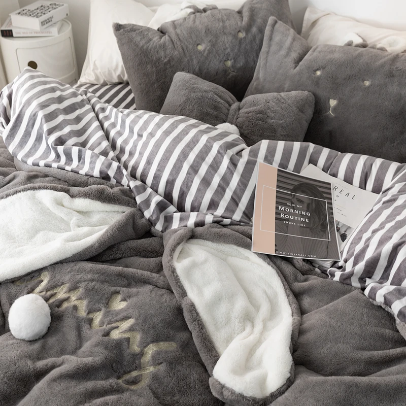 Зимние Бархатные постельные принадлежности с серыми заячьими ушками набор