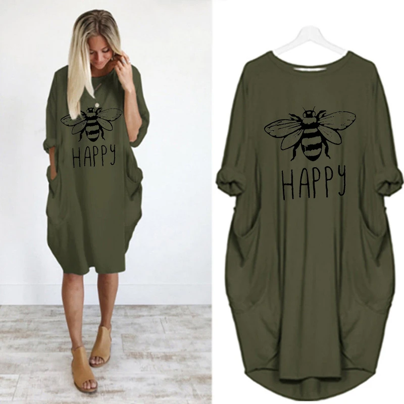 

2020 Fashion T-Shirt for Women Pocket Bee Happy Letters Print Tshirt Plus Size Tops Graphic Tees Women Off The Shoulder S-6XL