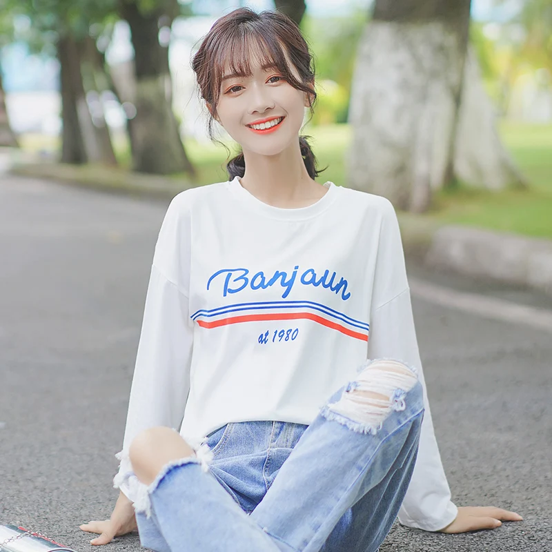 

Шикарный хаки 2020 Новинка весна-осень в гонконгском стиле нижнее белье с надписью блузка женская Свободная Длинная с принтом подходящего цв...