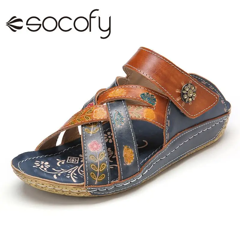 

SOCOFY Women Retro Style Leather Sandals Embossed Floral Hook Loop Flat Flip Flops Wedge Sandals Casual Outdoor Shoes 2020