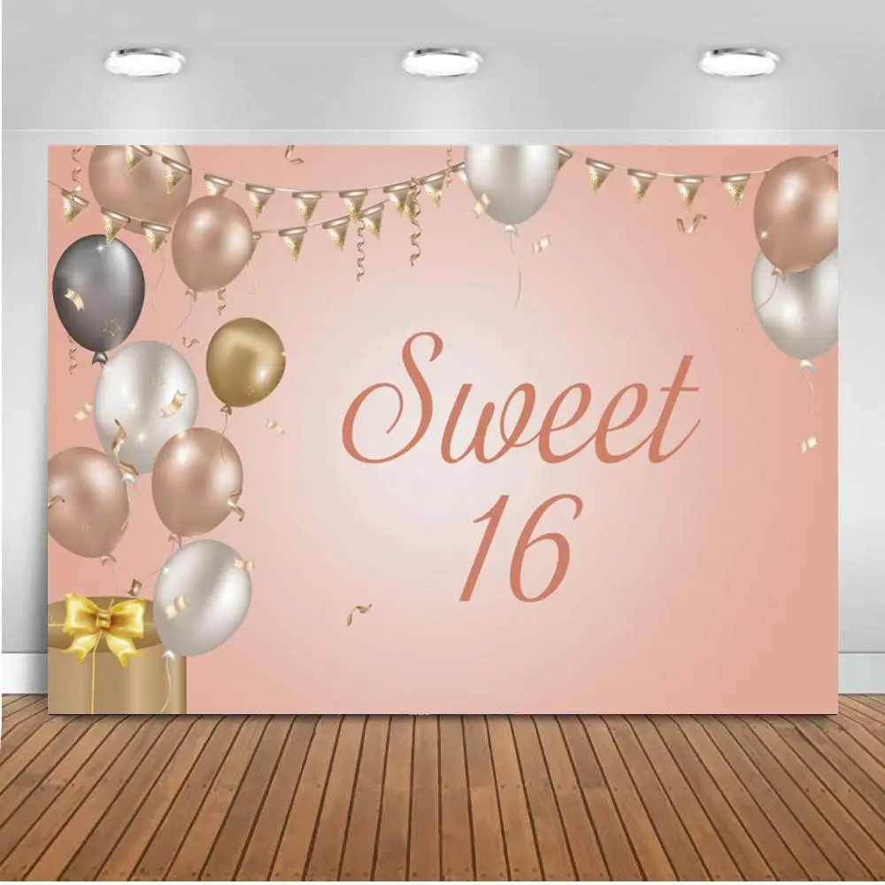 Balloons Decoration Banner Sweet 16 Party Backgrounds Photography Pink Theme Girl Quinceanera Birthday Prom Backdrop Photo Decor