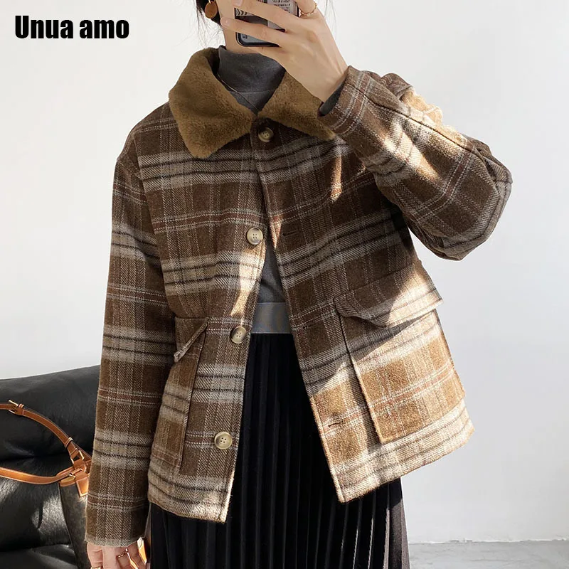 

Unua amo 2021 Rabbit Fur Collar Woolen Coat Women Short Thicken Cotton Padded Warm Winter Plaid Jackets Female Loose Outerwear
