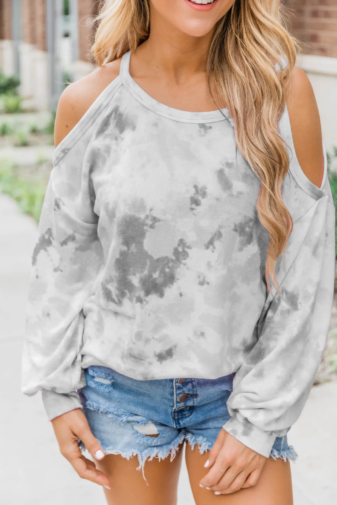 

Women's Tie-dyed Printed T-shirt Long Sleeve Sexy Off Shoulder Top Ladies' Leisure Cloth For Spring And Autumn Female T-shirt