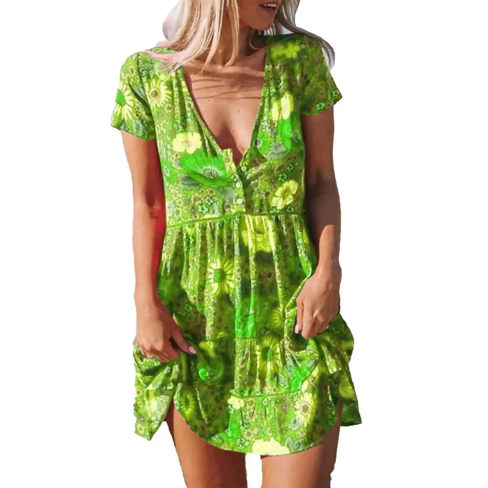 

Summer Women Dress V-neck Floral Printed Skin-friendly Short Buttons Casual Patchwork Beach Dress Women Dresses 2021