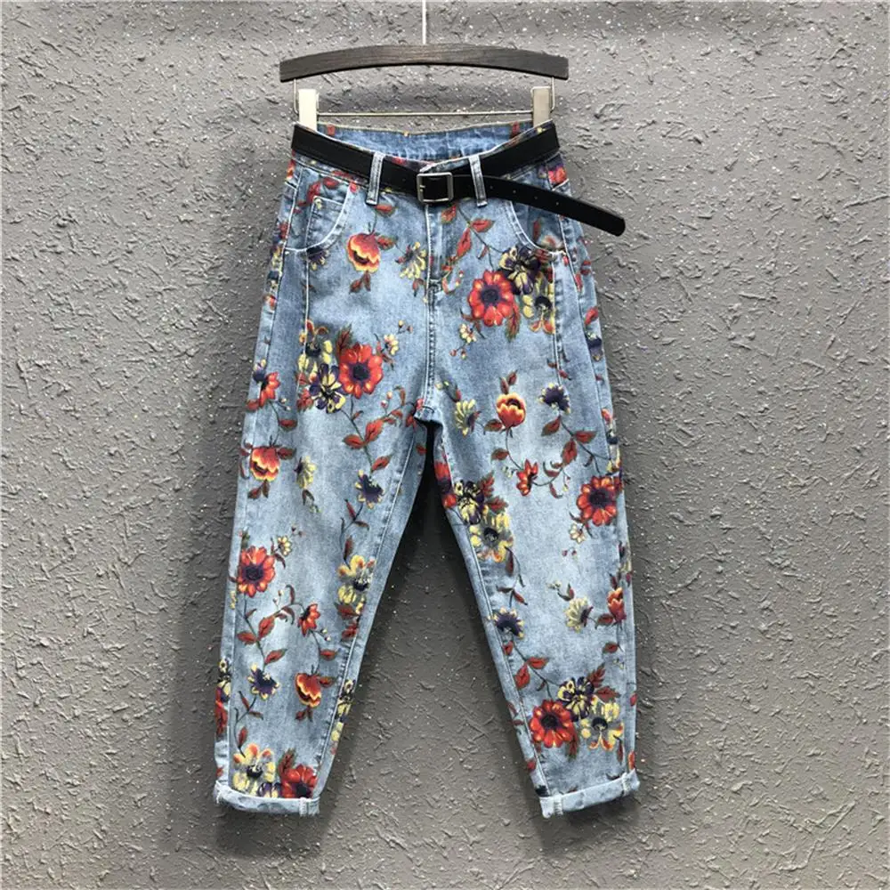 Flower jeans high waist fashion woman denim harem pants flower print loose cropped trousers women's | Женская одежда