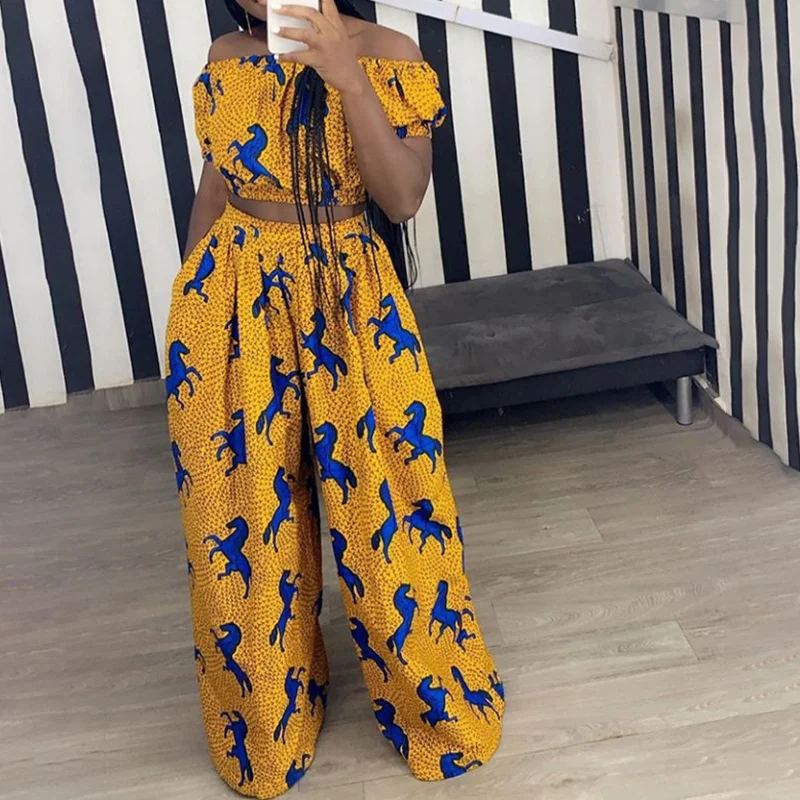 

Casual Print Two Piece Set For Women O Neck Short Sleeve Top High Waist Full Length Wide Leg Pant Loose Sets Female 2022 E639