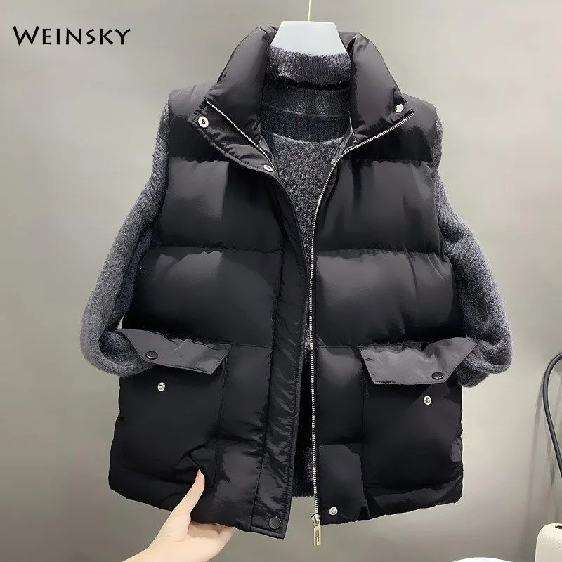 

New Women Autumn And Winter Thickened Vest Filling Cotton Solid Color Sleeveless Jacket