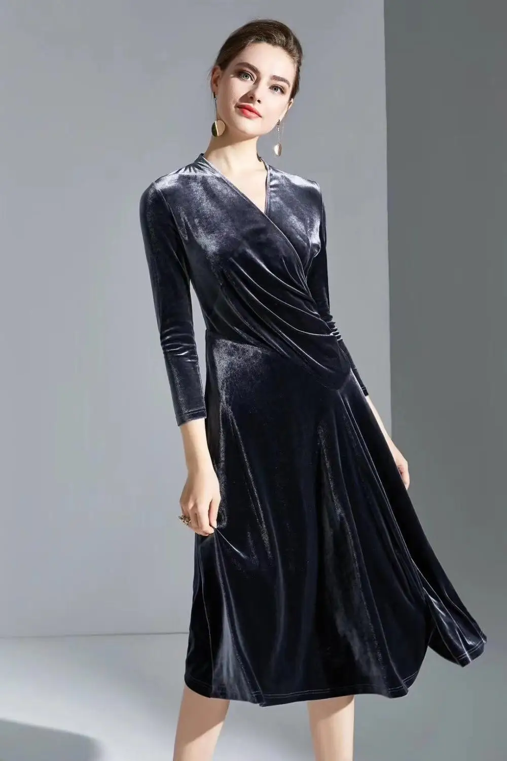 Черное темно-серое бархатное платье 2019 осень зима винтажные вечерние женские с
