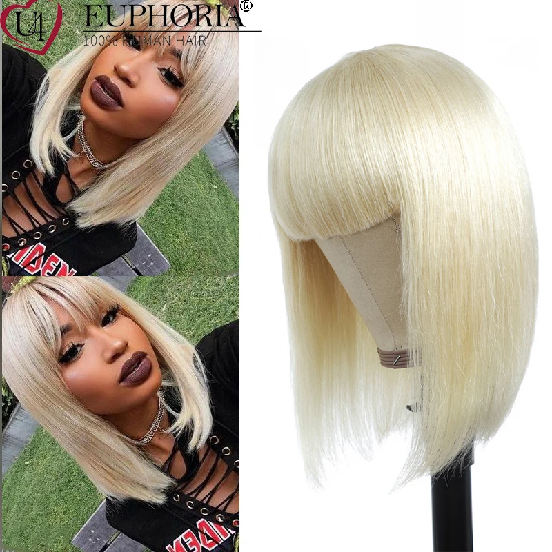 

Brazilian Remy Human Hair Full Machine Made Non Lace Wigs With Bangs Blonde 613 Straight Hair Wigs Ombre Platinum EUPHORIA