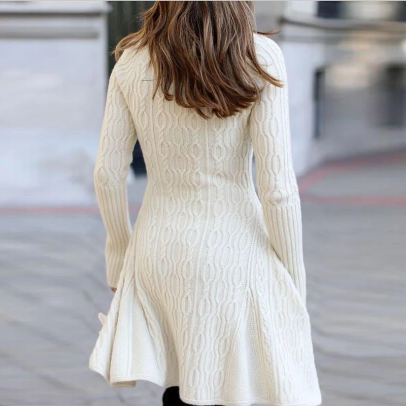 

New Ladies Dress Pullover Long-Sleeved Solid Color Irregular Sweater White Lace Shows Thin Temperament Commuter Ladies Skirt2020