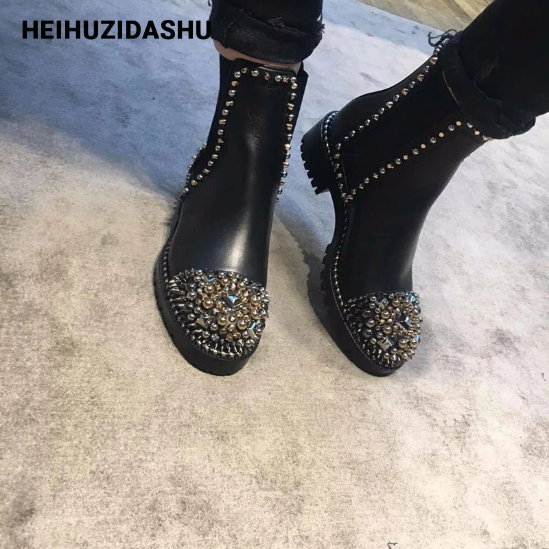 Роскошные блестящие ботинки Челси Женские на массивном каблуке с металлическими