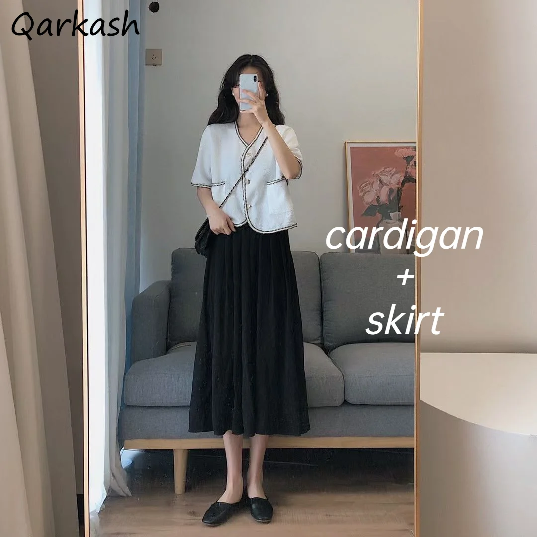

Sets Women Preppy Style Summer 2 Piece Chic Loose Skirts Female Patchwork Single Breasted Casual Popular Student Soft Cardigan
