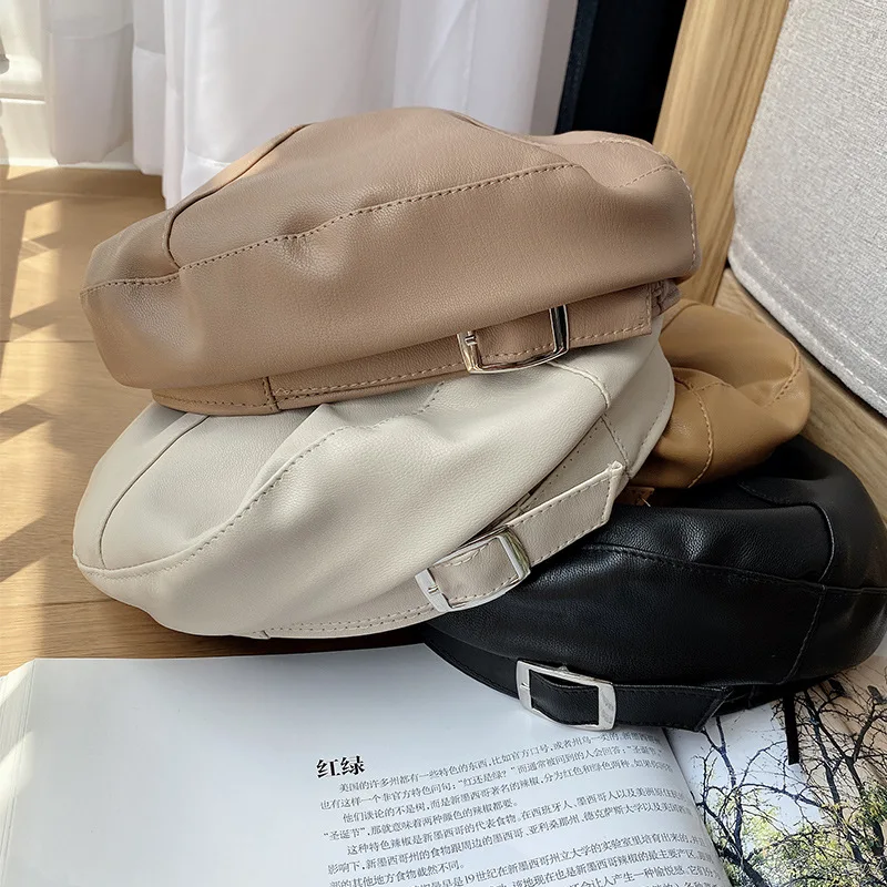 

Exquisite! PU Leather Beret Women's Ins British Retro Buckle Autumn Casual Fashion Expert Hat