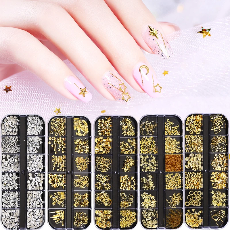 12 Grid Nails art accesorios AB Clear Rhinestones 3D glitter gems Pearl DIY manicure decoration nail supplies for professionals