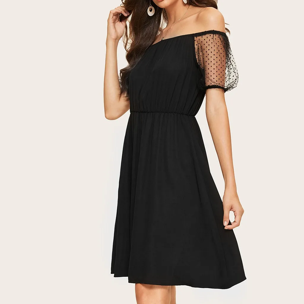 Женское черное Сетчатое кружевное платье миди с открытыми плечами рукав фонарик