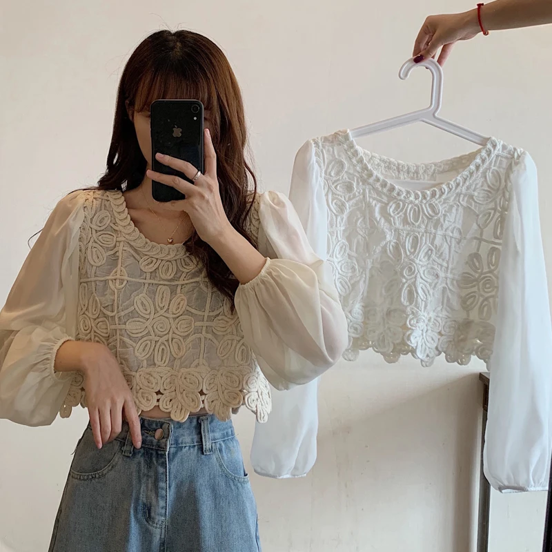 

O-neck Sweet Style Chiffon Women's Clothing Loose Blouses Korean Clothes Ladies Crop Top Autumn Shirts Blusas Mujer De Moda New