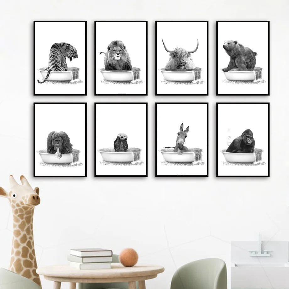 

Bathroom toilet Animals Wall Art Print Giraffe Elephant Lion Leopard Canvas Painting Nordic Poster Wall Pictures Kids Room Decor