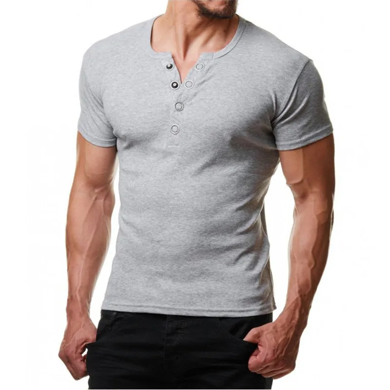 

Henley T Shirt Men Nice Summer Fashion V Neck Short Sleeve Tee Shirt Homme Casual Slim Fit Metal Button Design Mens T-shirts XXL