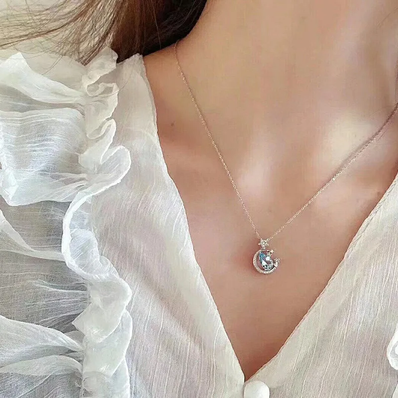 

Boho Female Aqua Blue Pendant Necklace Charm Silver Color Chain Necklace Cute Star Moon Zircon Wedding Necklaces For Women