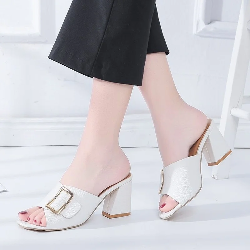 

Slippers Women 2021 Summer New Thick-heeled Sandals and Slippers Women's Outer Wear Fashionable Belt Buckle High-heeled Slippers