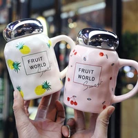 korean style ceramic mug with lid large capacity travel couple sealed fresh lovely fruit teacup milk cup