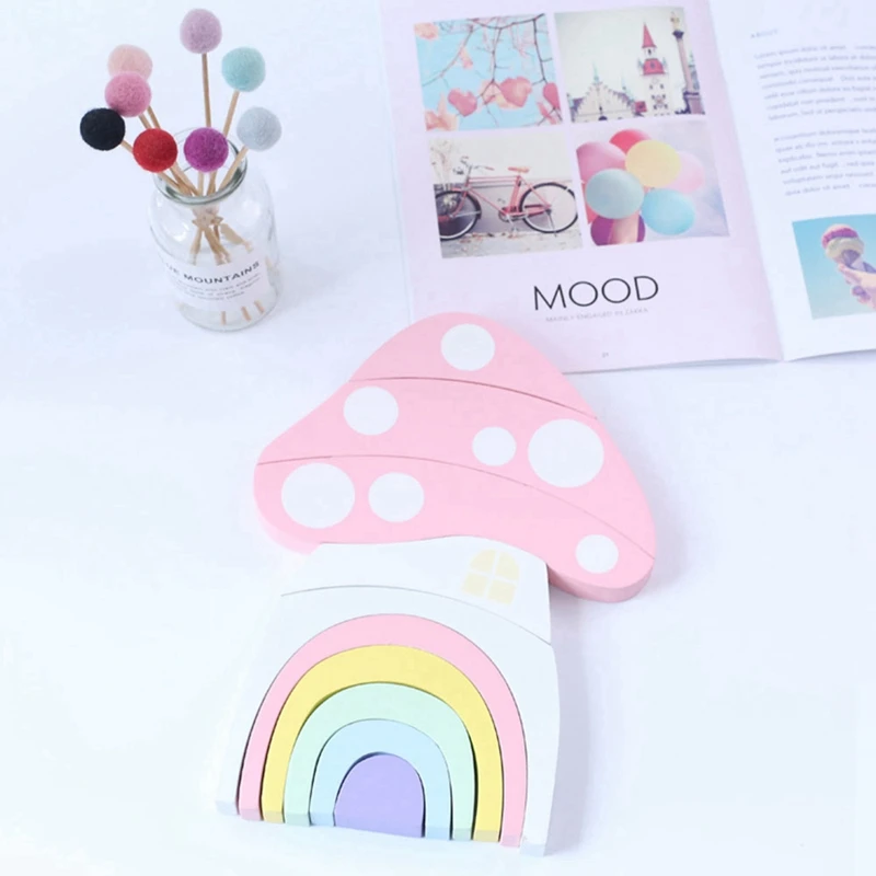 

Wood Rainbow Blocks Set Kids Natural Wooden Building Blocks Mushroom Craft Early Learning Educational Toys Baby Room Home Decor