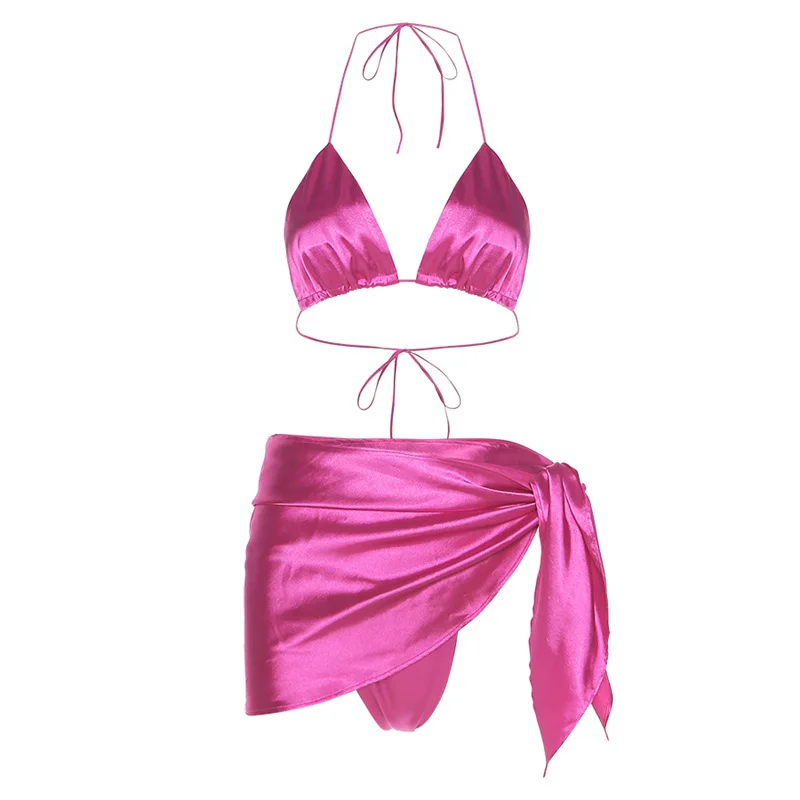 

Yimunancy 3-Piece Satin Bikini Set Women Wireless Swimsuit 5 Solid Colors Summer Sexy Bikini Set Beachwear