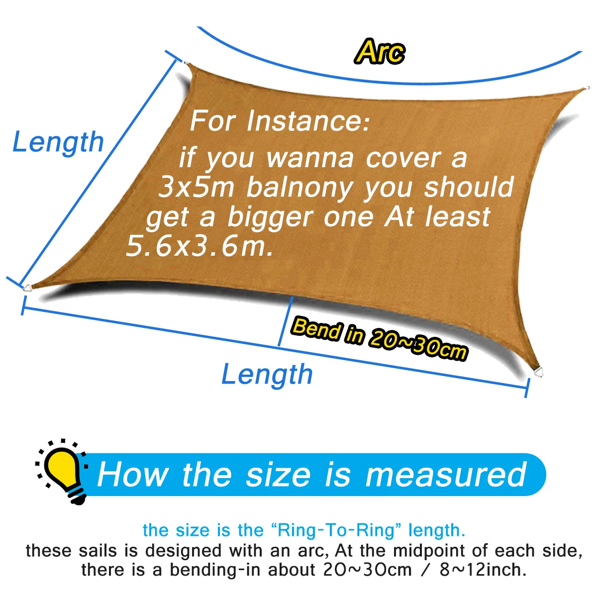 

2020 Waterproof 300D Khaki Square Rectangle Shade Sail Garden Terrace Canopy Swimming Sun Shade Camping Hiking Yard Sail Awnin