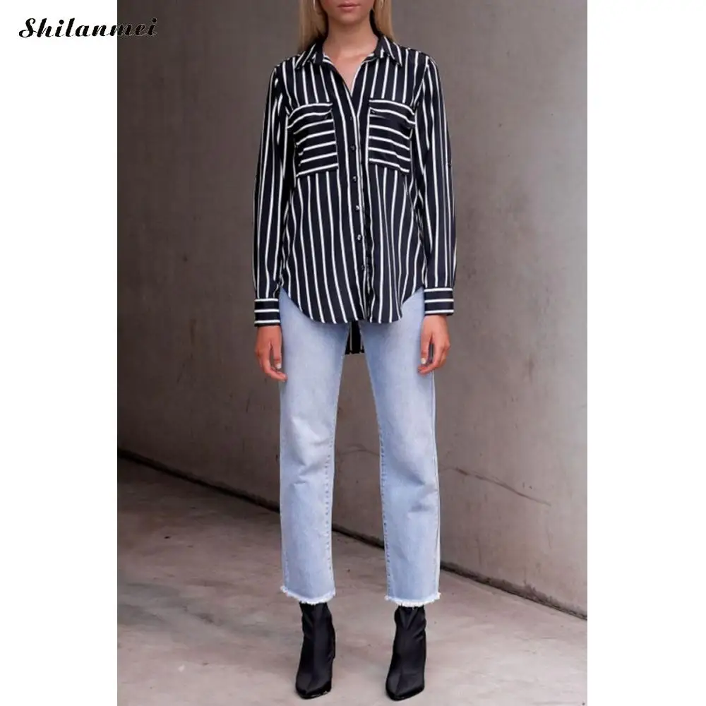 2019 осенние хлопковые элегантные полосатые рубашки блузки с v-образным вырезом и