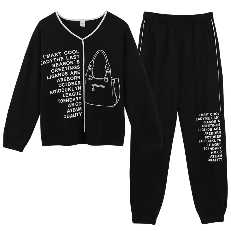 Женская спортивная домашняя одежда в стиле ретро черная Пижама с v образным