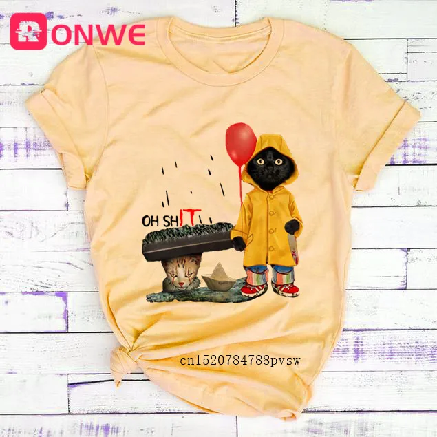 Women Funny Black Cat Print Tshirt Girl Harajuku Casual White Top Tees Female 90s Clothes Drop Shipping | Женская одежда