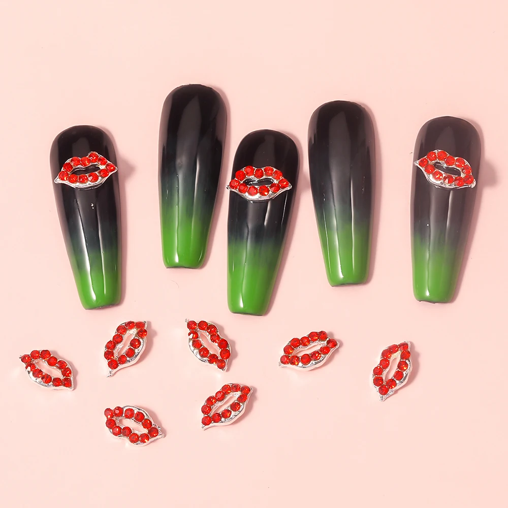 

Pack of 10 3D Glitter Rhinestones Covering Silver Sexy Lips Design Nail Art Red Rhinestone Decoration Alloy Nail Art Supplie Hot