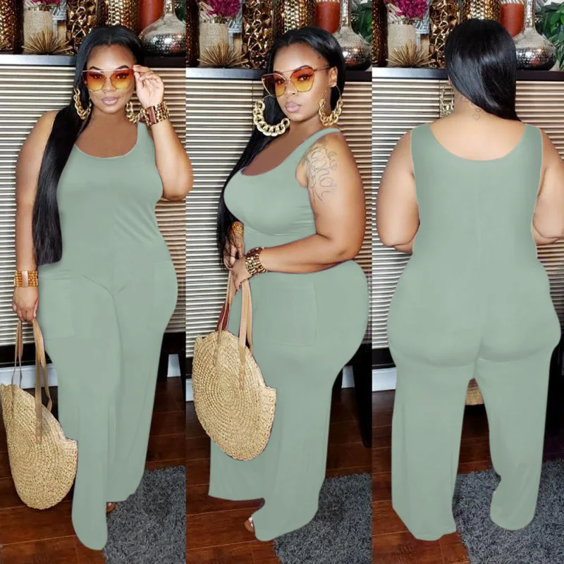 

European and American summer sexy round neck sleeveless solid color wide-leg pants coveralls nightclub clothes