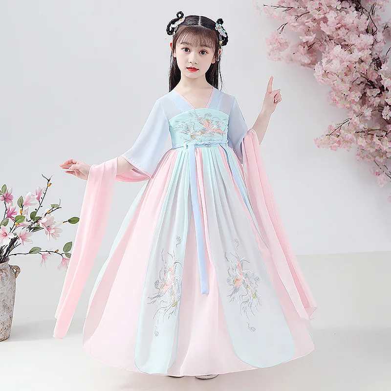 Детское летнее платье Ханьфу для девочек с коротким рукавом, китайское традиционное костюмное платье для косплея бабочки феи.