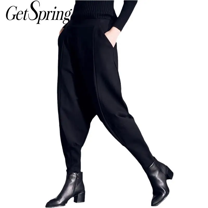 

GetSpring Women Pants Thickened Trousers Women Casual Loose Pants Plus Size Cross-pants Black Long Trousers Autumn Winter 2021
