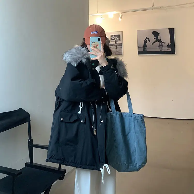 

Cotton padded jacket loose medium length large wool collar cotton clothing