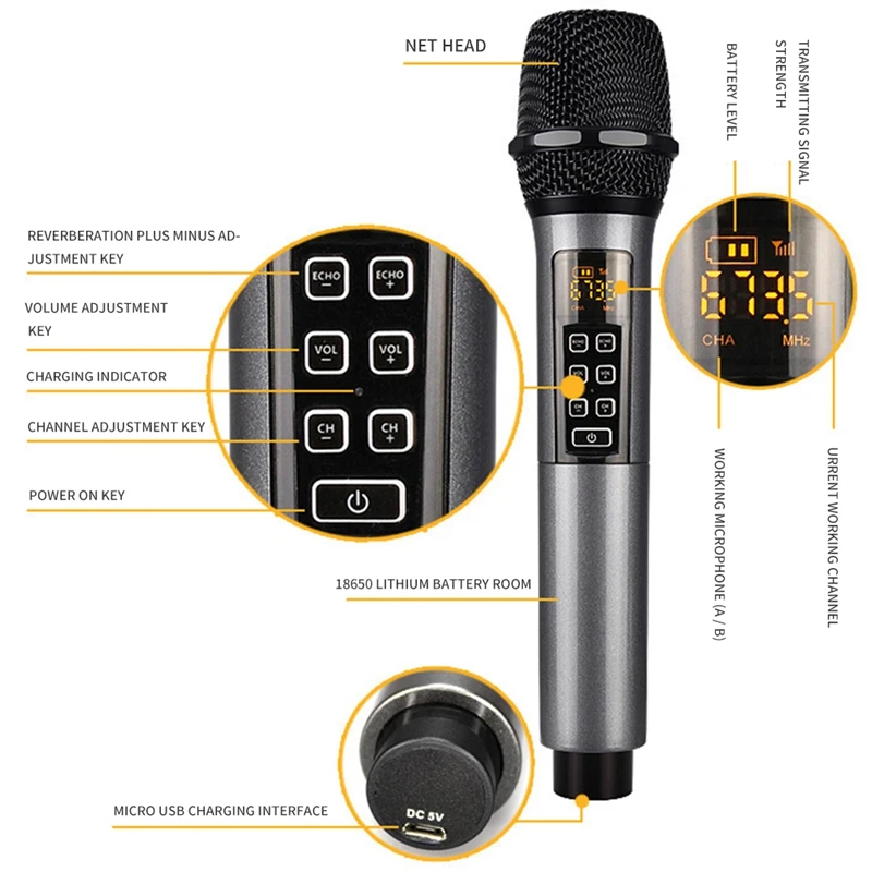 

Wireless Microphone, Rechargeable Cordless Microphone Karaoke Wireless Mic Dynamic UHF Handheld with Receiver