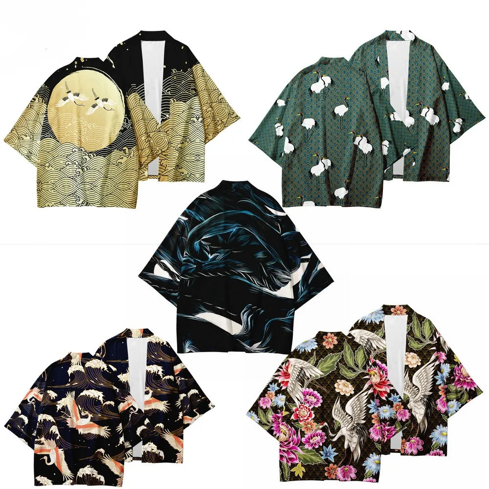 

Japanese Kimono Red-crowned Crane Print Kimono Women Men Summer Casual Kimonos Asian Traditional Yukata Cardigan Samurai Costume