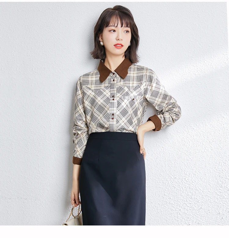

Houthion Chiffon Slim Women's Blouses New Casual Blouse Lattice Printing Buttons Shirt Fashion Long Sleeve Top Lady Blusas