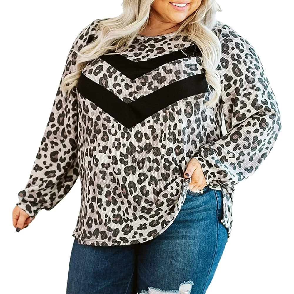 

5XL Plus Size T-Shirts Women Leopard Print Long Sleeve Tee Shirts Tops Ladies Casual Loose Tshirts Round Neck Knitted Tops D25