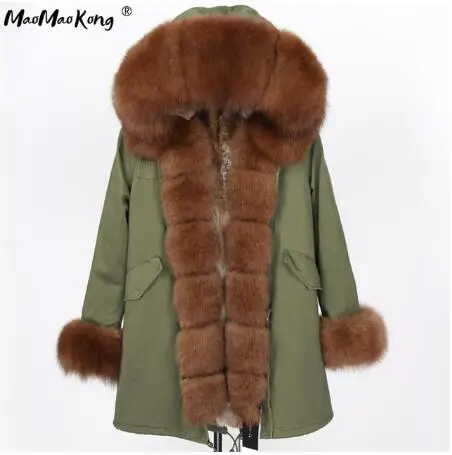 MaoMaoKong/ женская зимняя парка на меху из натурального кроличьего меха, куртка с капюшоном из натурального Лисьего меха, длинная меховая парка, верхняя одежда - Цвет: 15