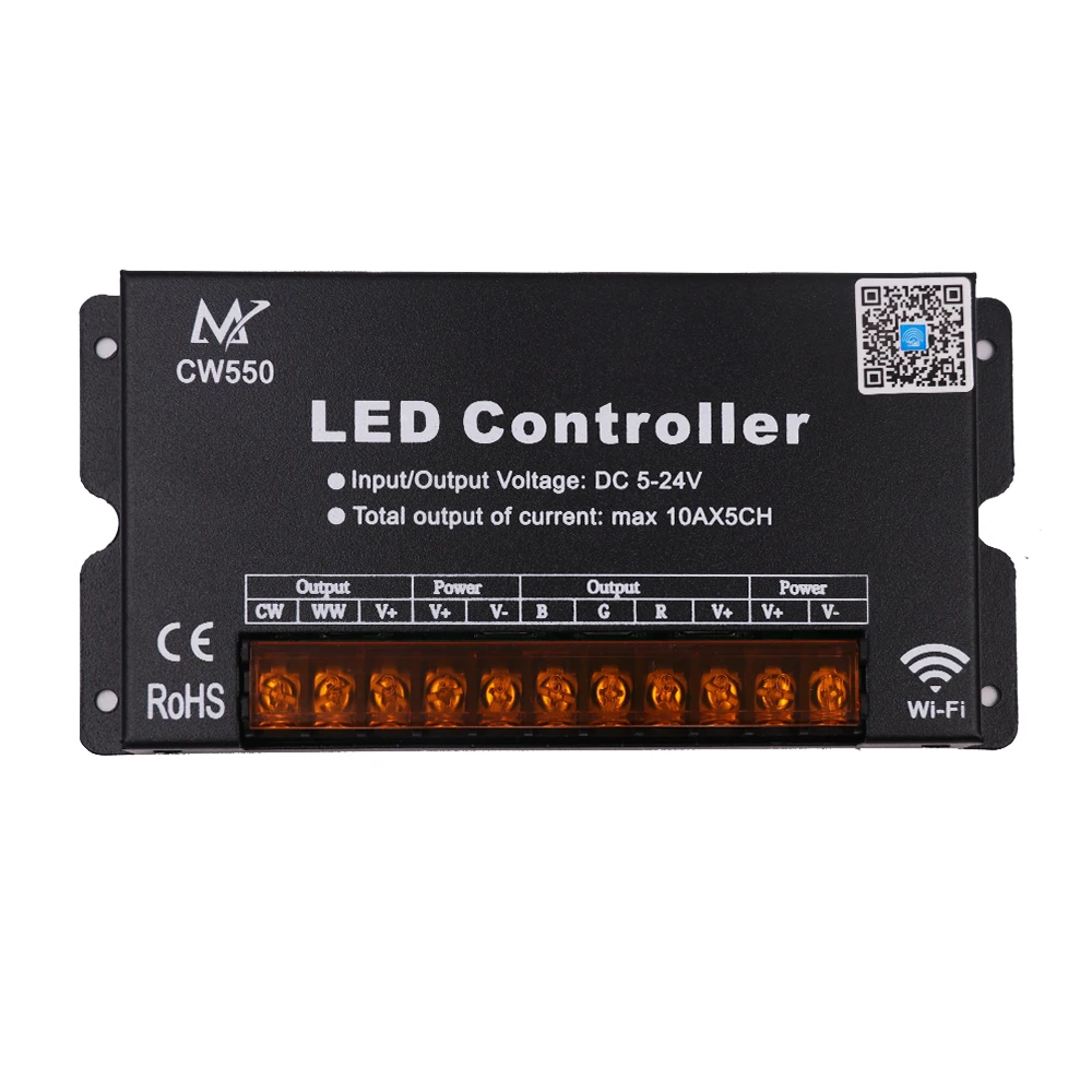 

DC5-24V WiFi RGB+CCT Led Strip Controller 50A 10Ax5CH LED Controller for RGB/RGBW/RGBWW LED Strip Light CW550