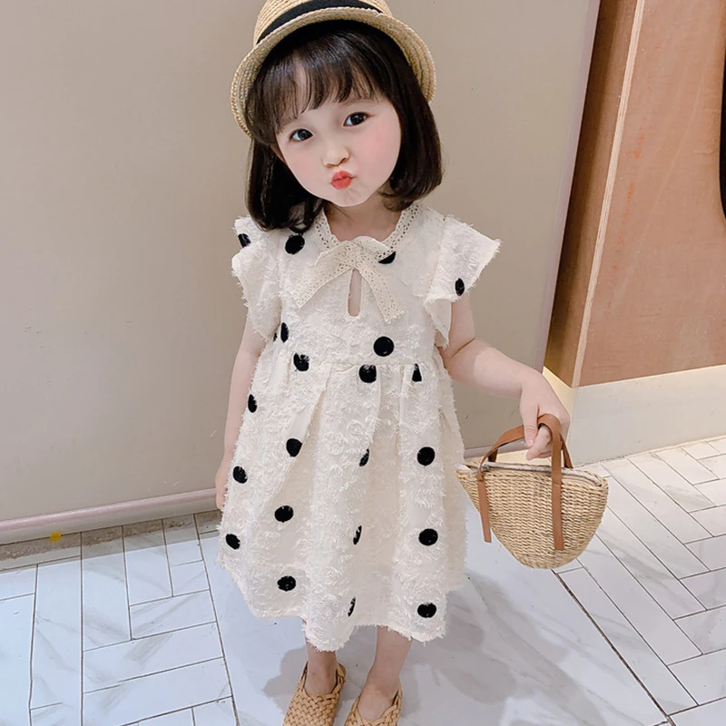

Girls Casual Dresses Korean Summer Kids Cute Dot Party Costumes 2021 New Children Bowknot Cotton Vestidos