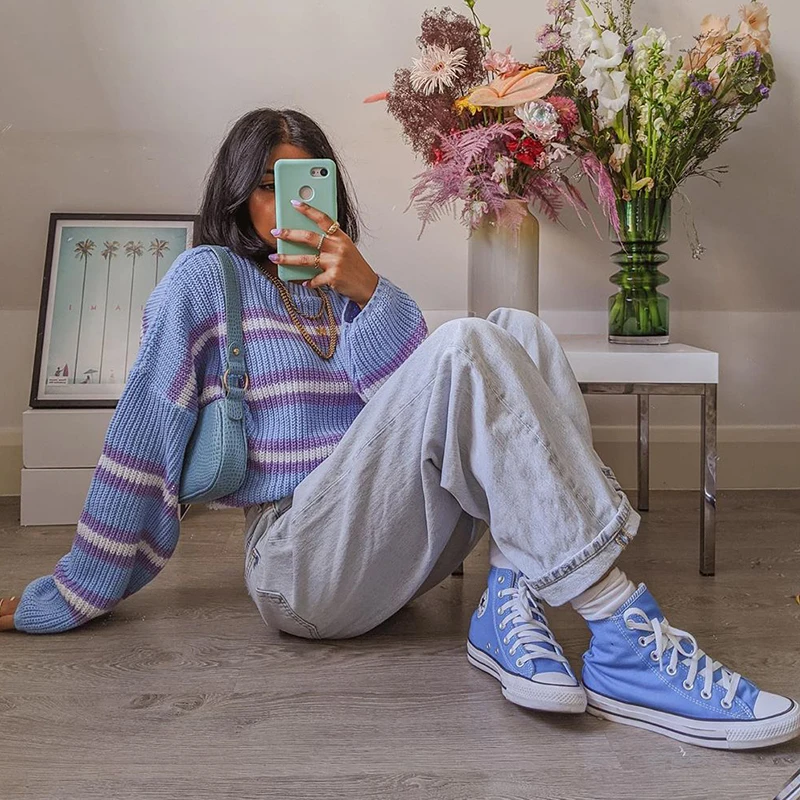 

New Y2K Sweater Striped Oversized Knitted Pullover Ladies Casual Style Korean Fashion E-girl 90s Knitwear Autumn and Winter Blue