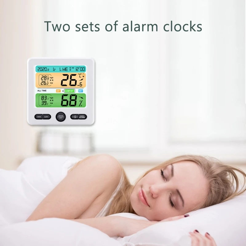 

Indoor Thermometer Hygrometer Alarm Clock Weather Station Temperature Humidity High/Low Alert Wall-mounted & Table Place